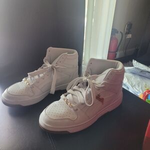 White High-Top Sneakers with Gold Accents